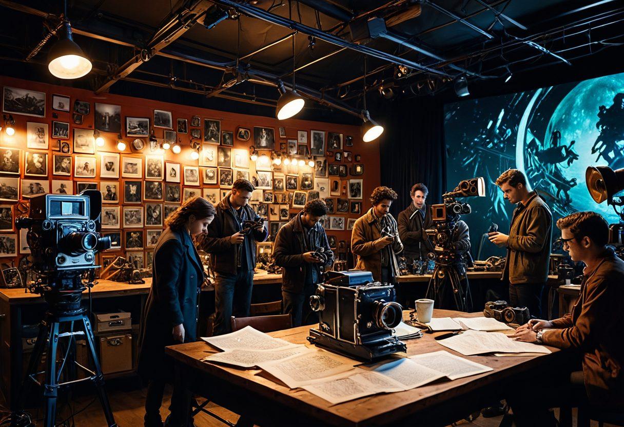 A cinematic film set bustling with activity, showcasing a diverse crew of filmmakers collaborating over a large script. The backdrop features vintage cameras, bright lights, and film reels, while storyboard sketches float in the air. Enhance the atmosphere with rich colors and dramatic shadows to illustrate the creative process and storytelling magic. vibrant colors. cinematic style. 3D.