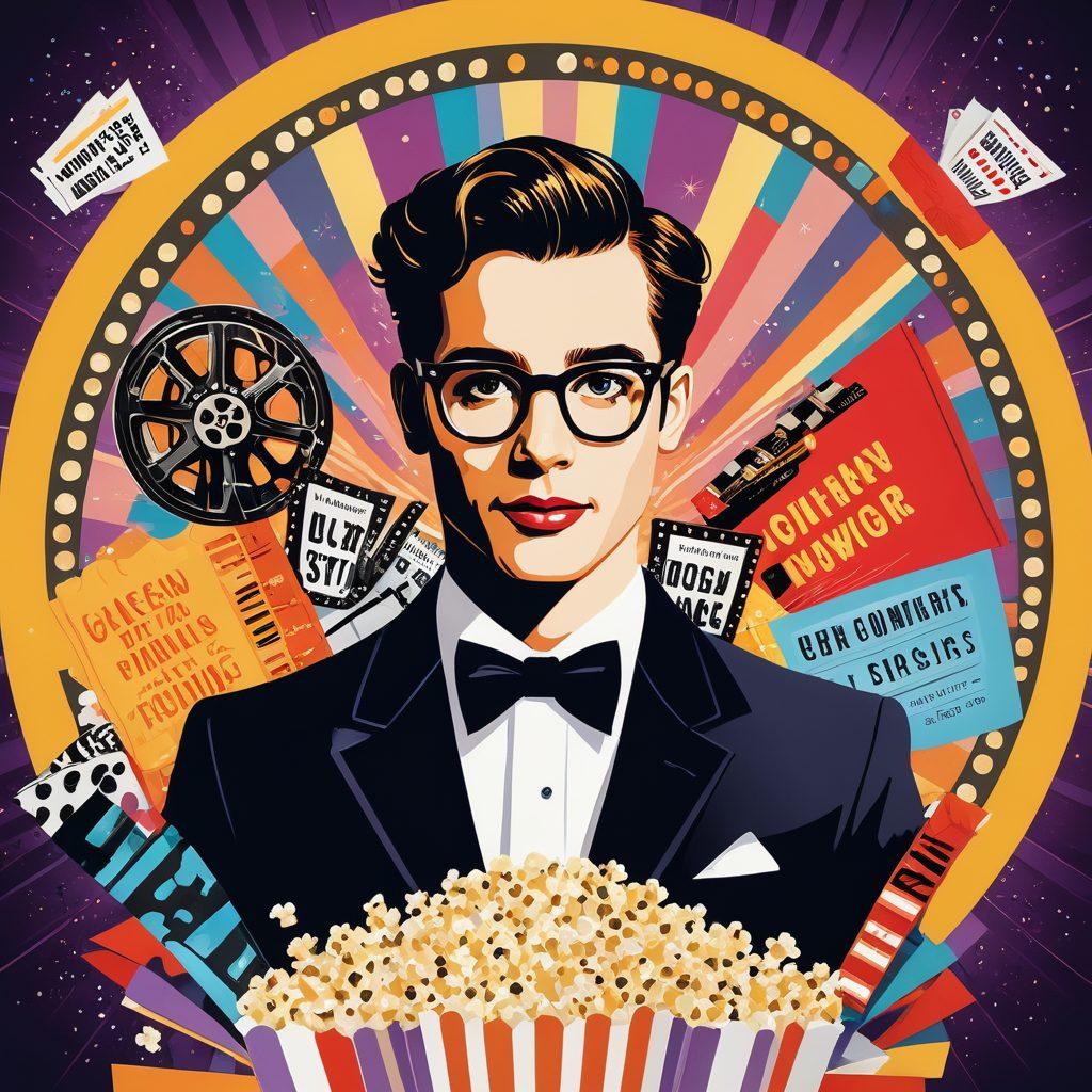 A vibrant collage of film reels, festival banners, and a beautifully stylized film critic, surrounded by iconic scenes from both blockbusters and art films. Include a diverse crowd of moviegoers, with expressions of excitement and contemplation, as they hold popcorn and tickets, set against a backdrop of a lively film festival. Incorporate elements of glamour and sophistication with a touch of creative abstraction. bright colors. vector art. high contrast.