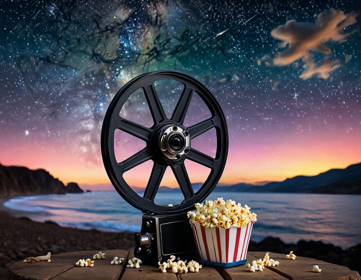 A mesmerizing film reel unfurling in mid-air, filled with iconic cinematic scenes, such as a breathtaking landscape, a romantic embrace, and an intense action sequence, all shimmering with vibrant colors. Surrounding the film reel, elements of film culture like vintage cameras, popcorn, and a clapperboard float gracefully, evoking nostalgia and excitement. The background features a dreamy starry night sky, symbolizing the magic of storytelling. super-realistic. vibrant colors. cinematic atmosphere.